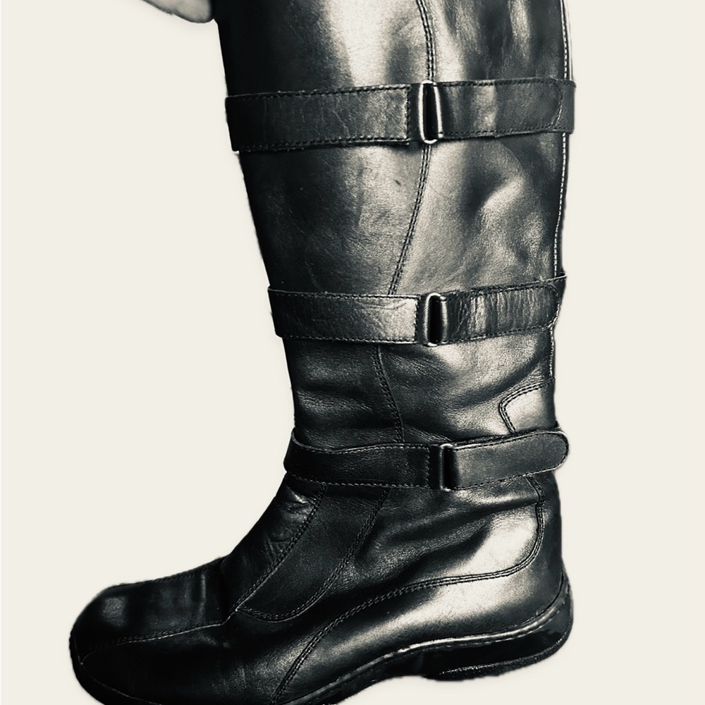 Nomi Black Leather Knee High Riding Boots Buckle Strap